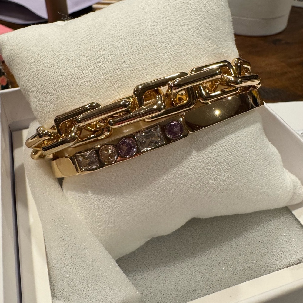 Gem Society Gold-Tone Chain and Gemstone Bangle Set